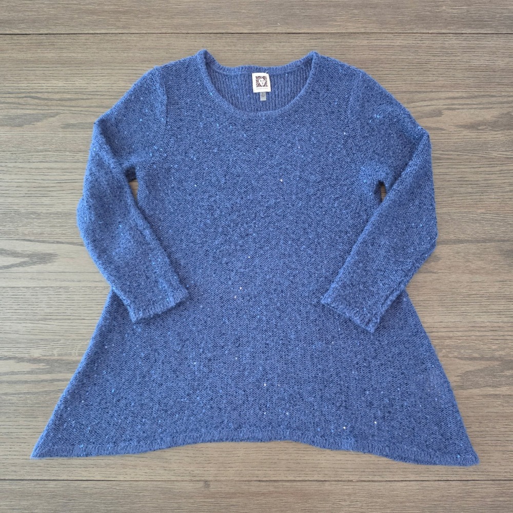Anne Klein Blue Sequin‎ A-Line Tunic Sweater Crew Neck Long Sleeve Small